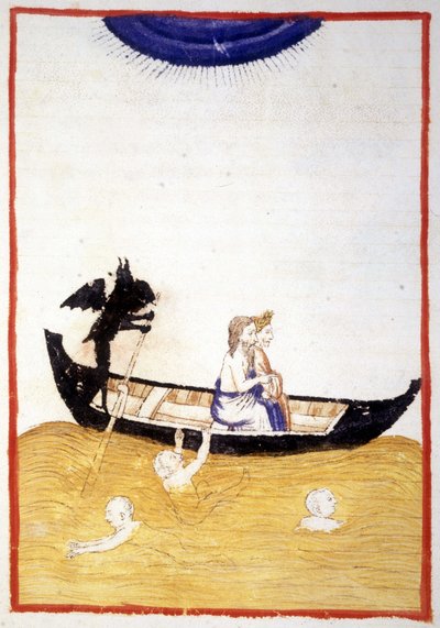 Charon (Caron) přiměje Danteho a Virgila Acherona překročit řeku podsvětí – v „Božské komedii““ od Dante Alighieriho, miniaturě rukopisu ze 14. století, Bibl. Městský úřad v Rimini. od Unknown artist