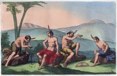 Chilští domorodí Indiáni hrající Queciu a Porotos, Chile - rytina z „“ Zvyky a tradice všech národů vesmíru. To jsou dějiny vlády, zákonů, milicí, náboženství všech národů od nejvzdálenějších dob až po nás. od Unknown artist