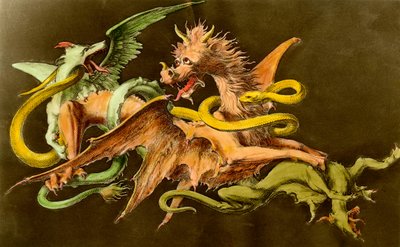 Chimeres Drak bojující se dvěma monstry. Rytina z 19. století. od Unknown artist