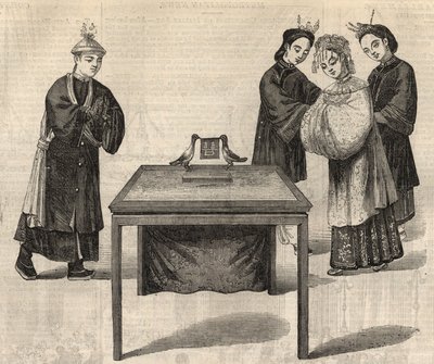Čínský zvyk: podpis manželské smlouvy. Na stole se dvěma holubicemi je umístěna tabulka se jmény obou manželů. Rytina v „“The Illustrated London News““ ze 14. února 1857. od Unknown artist