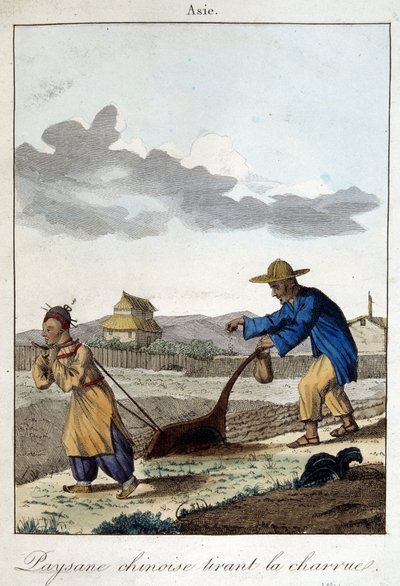 Čínský rolník táhne pluh. V „Zvyky a zvyky národů“, ed. Hocquart od Unknown artist