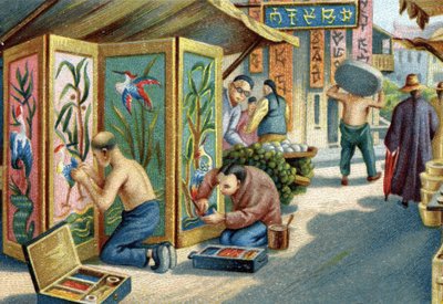 Čínští plumassiers pracující na ulici: vyrábějí panely nebo obrazovky pomocí jehly a peří. Chromolitografie 19. století od Unknown artist