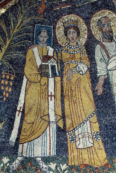 Kristus mezi svatým Pavlem, svatou Cecílií, svatým Pascalem, svatým Petrem, svatým Valeriánem a svatou Agátou (Mozaika, 821) od Unknown artist
