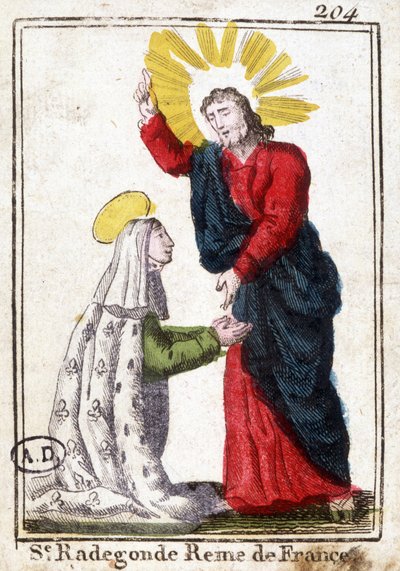 Kristus a svatá Radegonde (asi 520 - 587), královna Francie, manželka Clotaire (Clothaire) I. Zbožný obraz. Rytina z počátku 19. století. Bibliotheque des Arts décoratifs de Paris. od Unknown artist