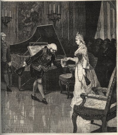 Christoph Willibald Gluck před královnou Marií-Antoinettou v Trianonu - Christoph Willibald Gluck (1714-1787), německý skladatel hrající před královnou Marií Antoinettou a Trianon - rytina v ilustrovaném týdeníku „”Populární hudba””” - 1882 od Unknown artist