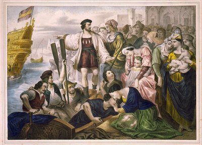 Kryštof Kolumbus a bratři Pinzonové opouštějí 3. 8. 1492 přístav Palos ve Španělsku do Nového světa. Gravírování sd. 2. polovina 19. století. od Unknown artist