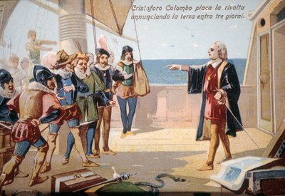 Kryštof Kolumbus zastavil vzpouru posádky oznámením země za tři dny. chromolitograf 19. století. od Unknown artist