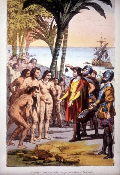 Přistání Kryštofa Kolumba v San Salvadoru (Bahamy) 10.12.1492: před Kolumbem se objevili první Indiáni. Rytina 1850. od Unknown artist