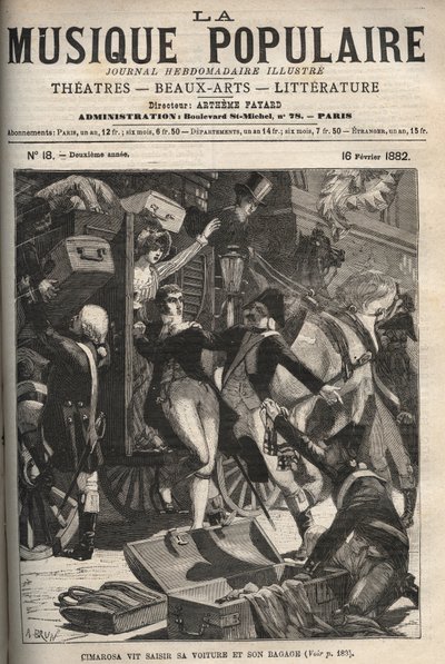 Cimarosa vidí, jak se jeho auto a zavazadla zmocňují Domenico Cimarosa (1749-1801), italský skladatel 18. století. rytina v proslulém týdeníku „“Populární hudba””” - 1882 od Unknown artist