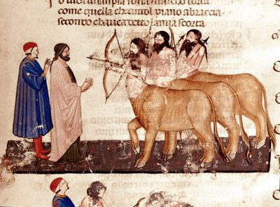 Circle of Violents: Dante a Virgil se setkávají se zbraněmi kentaurů, luky a šípy. Osvětlená stránka ilustrující 7. píseň pekla z „Divina Commedia“ od Dante Alighieriho (1265-1321). 14. století, Benátky, Biblioteca Marciana od Unknown artist