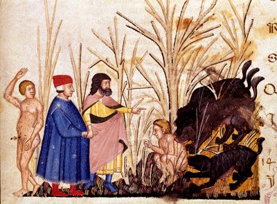 Circle of Violents: Dante a Virgil se setkávají s násilníky vůči ostatním. Osvětlená stránka ilustrující píseň Pekla čerpá z „Divina Commedia“ od Dante Alighieriho (1265-1321). 14. století, Benátky, Biblioteca Marciana od Unknown artist