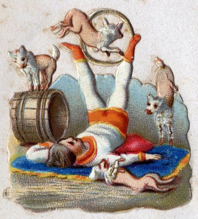 Cirkus: krotitel zvířat při úlovcích má psy, včetně jednoho procházejícího v obruči. Chromolitografie kolem roku 1890. od Unknown artist