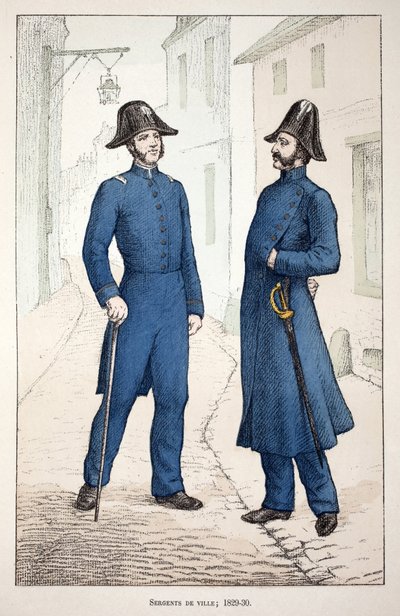 Městští četaři (1829-1830). Barevný lept, pro ilustraci Kniha „Historie sboru mírových sil“““ vydaná pod záštitou Louise Lepinea (1846-1933), prefekta policie na Seině, od Alfreda Reye (1864-?) a Louise Ferona (1862 -?) od Unknown artist