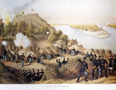 Občanská válka (1861 - 1865), Americká občanská válka. Obléhání Vicksburgu (na hranici Arkansasu a Mississippi), město dobyl generál Grant (a Seveřané), město padlo po čtyřiceti dnech obléhání (19. května až 4. července od Unknown artist