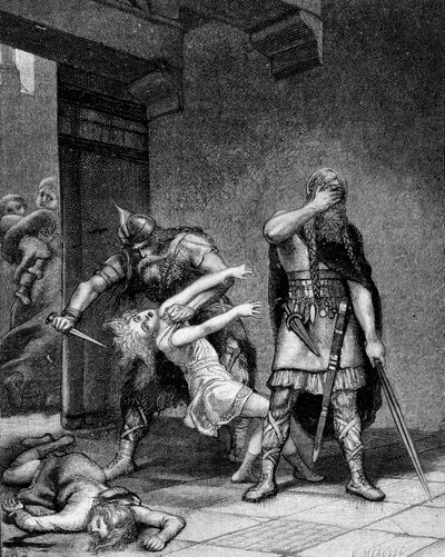 Clotaire (Clothaire) I (v.497-561) a Childebert I., franští králové, zavraždili dva syny svého bratra Clodomira (495-524). od Unknown artist