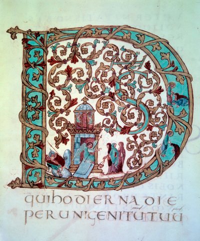 Sbírka Velikonoc: velká iniciála (lettrina) D zdobená a historiee (svaté ženy u hrobu). Miniatura (folio 58) rukopisu „Svátost Drogon““ z Tresor of the Cathedrale of Metz, 845-855. BN, Paříž. od Unknown artist