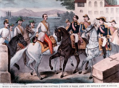 Konference ve Villafrance, setkání francouzského císaře Napoleona III. a císaře Františka Josefa I. o předběžném rakouském míru (1859) (rytina) od Unknown artist