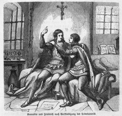Konradin Švábský a Fridrich Bádenský jsou informováni o jejich popravě ve vězení v Neapoli - Konradin Švábský a Friedrich Bádenský čekají na rozsudek - Konradin z Hohenstaufenu, král Sicílie (Itálie) a Jeruzaléma (Izrael) pod jménem Konrád od Unknown artist