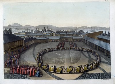 Constantinople: Gate of Felicity. Tyto dveře umožňují přístup do interiéru paláce, kde žije sultán se svou rodinou a dámami z jeho harému. V „“ Starém a moderním kostýmu od Unknown artist