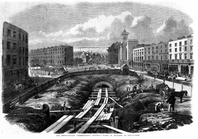 Výstavba londýnského metra v roce 1850: pracuje v King Cross. od Unknown artist