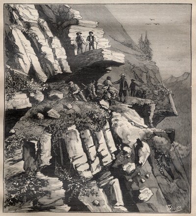 Stavba horské silnice v Alpách – rytina „La Science francaise““ od Unknown artist