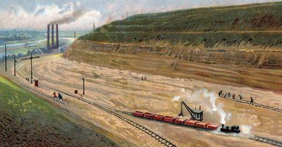 Výstavba Albertova kanálu ve 30. letech 20. století, který spojuje přístav Liege s přístavem Antverpy v Belgii (Digging of the Albert Canal in the 1930s (thirties) between Antwerp and Liege, Belgium) Chromolitografie od Unknown Artist