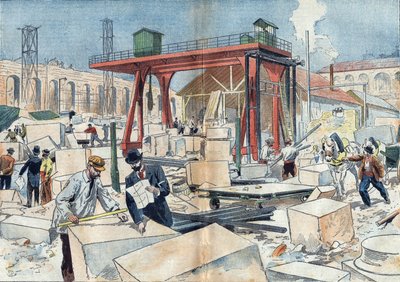 Stavba Grand Palais v Paříži v roce 1898 u příležitosti Světové výstavy v roce 1900. Ve středu je diamantový kotouč na řezání řezaných řezaných kamenů. Ilustrace v „“Le Pelerin“ z 3. července od Unknown artist
