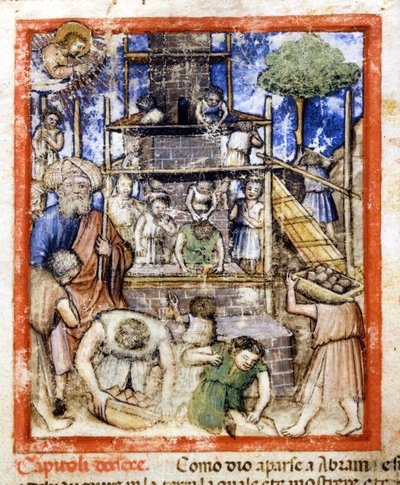 Stavba babylonské věže. Miniatury z kodexu 212 (nebo Padovano Codice nebo Bible z Padovy) 1390-1400 Rovigo, Accademia dei Concordi od Unknown artist