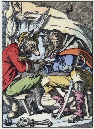 Rozhovor mezi vlkem a liškou. Ilustrace příběhu „Compere le Loup, Maitre Renard, Comere la Chevre et ses petits biquets““ podle bajky Jean de la Fontaine. V „“ Pohádky z domova pro nejmenší““. Anonymní rytina od Unknown artist