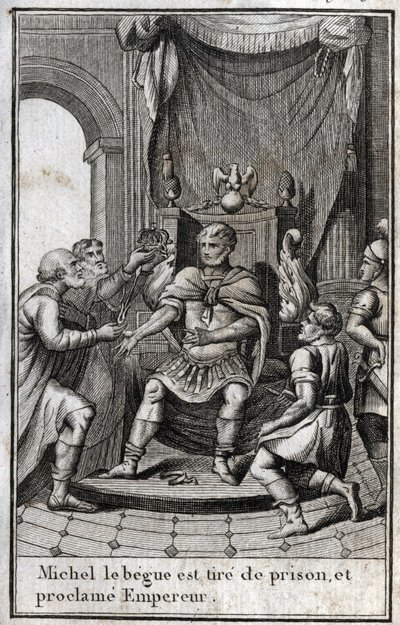 Korunovace Michaela II. Amoriana (Begue) (770-829) byzantským císařem po jeho propuštění z vězení v roce 820. Je zakladatelem amorské dynastie. Rytina v „Beaute de l