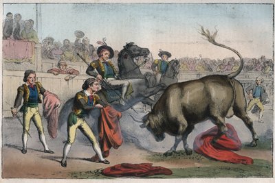 Corrida ve Španělsku: le picador - Bull Charging a Picador - rytina z „“ Zvyků a tradic všech národů vesmíru. To je historie vlády, zákonů, milicí, náboženství všech národů od nejvzdálenějších dob až po naše dny. od Unknown artist