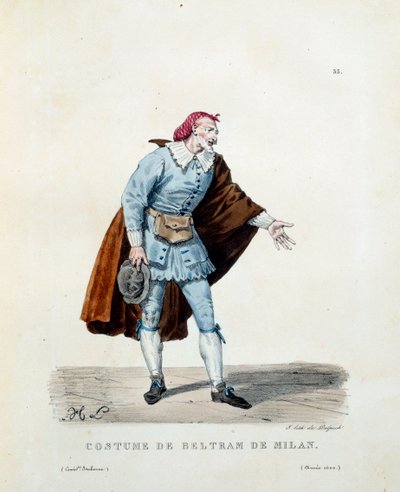 Kostým Niccolo Barbieriho, známého jako Beltrame z Milána (zemřel 1641) v roce 1600. Kostým italské komedie (commedia dell