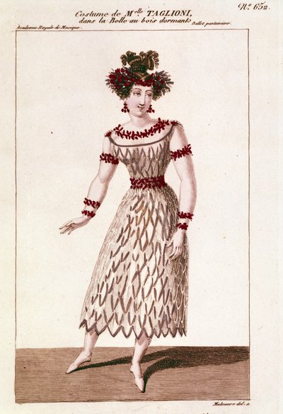 Kostým tanečnice Marie Taglioni (1804-1884) v baletu „Šípková Růženka““ od Piotra nebo Petra Iljiče Čajkovského (nebo Čajkovského nebo Ciajkovského nebo Čajkovského od Unknown artist