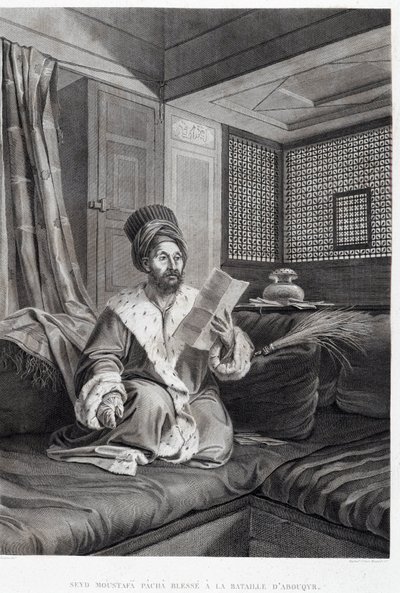 Kostýmy a portréty: Seyd Moustafa Pasha zraněný v bitvě u Abouqyr (Aboukir) v „“Popis Egypta“, Imperial Publishing od Unknown artist