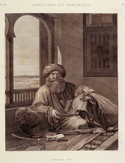 Kostýmy a portréty: Mourad Bey (1750-1801) Mamlúcký náčelník (Murad Bey Egyptský mamlúcký náčelník (Bey)) v „“Popis Egypta“, Editions imperiales od Unknown artist