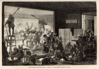Coulies (sluhové) uklízí velký dům, kvůli novoročním přípravám končí tento menage radostnými a groteskními projevy: odstraněním toho, kdo svůj úkol neplnil. Rytina pro ilustraci plavby do Japonska, od Aime Humbert, ministr od Unknown artist