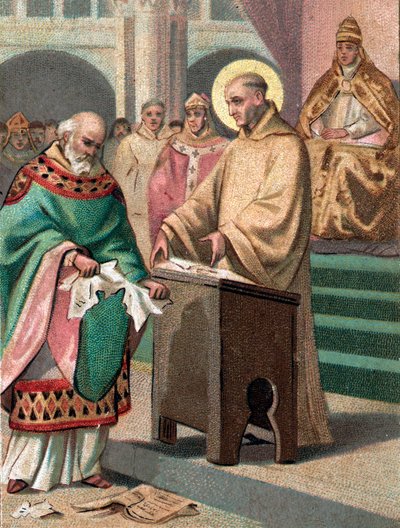 Remešský koncil v roce 1148: Svatý Bernard z Clairvaux (1090-1153) (San Bernardo di Chiaravalle) obvinil Gilberta de la Porree, předchůdce z Poitiers, z kacířství - Chromolitografie konce 19. století od Unknown artist
