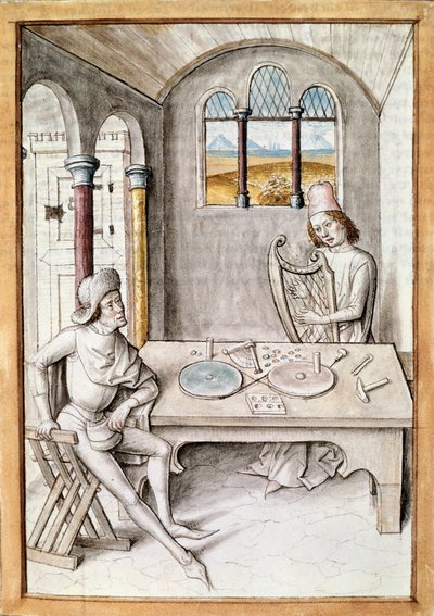 Řemesla: harfa faktor. Dílna na výrobu nástrojů. Miniatura z rukopisu „Bajky Bidpai“ od Unknown artist