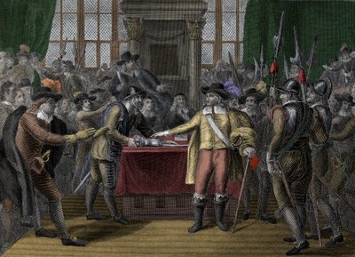 Cromwell rozpouští dlouhý parlament - The Rump Parliament - Oliver Cromwell (1599-1658) rozpouští britský parlament od Unknown artist