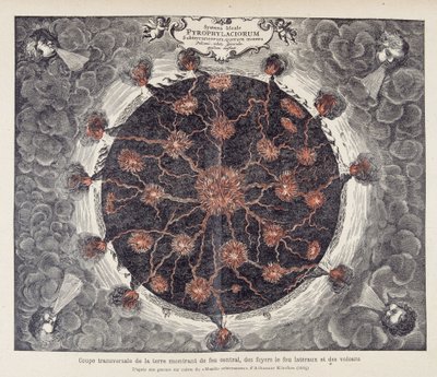 Průřez zemí zobrazující centrální oheň, krby a sopky, z mědirytiny „Mundus subterraneus“ od Athanase Kirchera“ (neboli Athanasius Kircheri) od Unknown artist