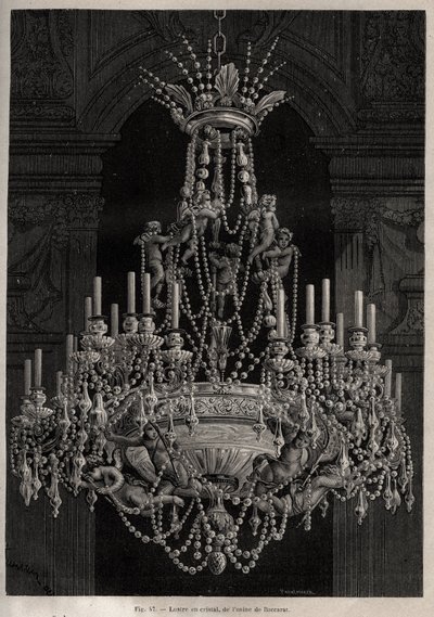 Křišťálový lustr z továrny Baccarat - - rytina 