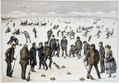 Curling na zamrzlém jezeře poblíž Halifaxu v Novém Skotsku – v „Náčrtech kanadských sportů a zábav“ od Lieuta. Henry Buckton Laurence od Unknown artist
