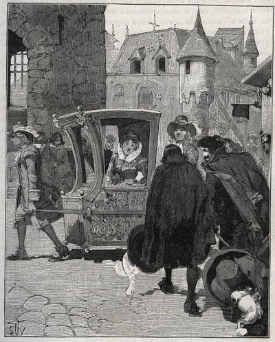 Příbory: lodníci obklopí křeslo Marie de Rabutin-Chantal (Rabutin Chantal), markýze de Sevigne dit Madame de Sevigne (1626-1696), aby mu prodali nože, když přijel do Nogentu (Haute Marne) v roce 1675. Rytina z roku 1885 v ““ Les arts et metiers il od Unknown artist