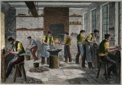 Nožířská dílna ve Francii v 19. století. Rytina z roku 1885 v „“Les arts et metiers illustres““ od Adolpha BITARDA. od Unknown artist