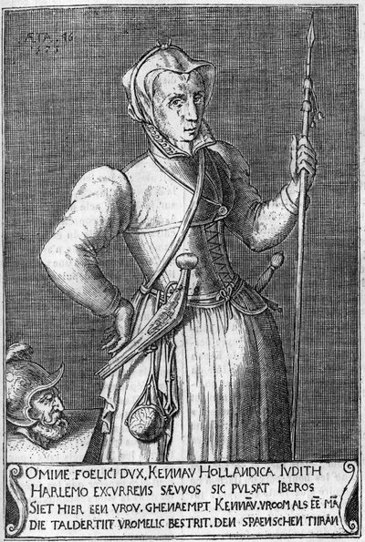 Dame Kenau Simonsdochter Hasselaer (1526-1588), hrdinka Haarlemu (Nizozemsko) během boje proti Španělům v roce 1572. Rytina ze 17. století v porovnání s Juditou z Holofernu. od Unknown artist