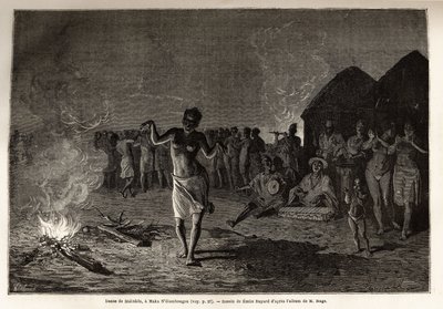 Tanec Malinek, obyvatel a jazyka západní Afriky (Guinea, Senegal, Mali a Pobřeží slonoviny), tanečníci se scházejí u tomboly nočního tance kolem ohně v rytmu tradiční hudby. Rytina pro ilustraci příběhu poručíka Mága od Unknown artist