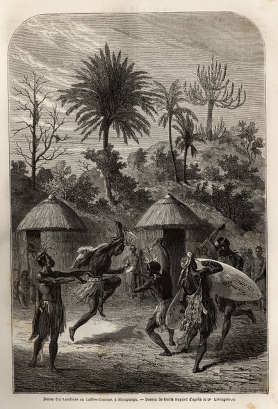 Tanec Landines nebo Zulu caffres v Shoupanga (pravý břeh řeky Zambeze). Rytina k ilustraci prvních plaveb Dr. Livingstonea do jižní Afriky v letech 1840 až 1856 v „Le tour du monde, nouveau journal des voyages““ publikovaném pod dire od Unknown artist