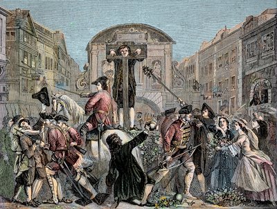 Daniel Defoe (De Foe) (1659-1731) pranýřován v Londýně v roce 1703 za vydání svého ironického traktátu „“Nejkratší cesta s disidenty“““ – Spisovatel a dobrodruh Daniel Defoe (1659-1731) odsouzen v roce 1703 na pranýř za jeho skripty proti int od Unknown artist