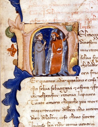 Dante a Virgil u vchodu do pekla. (lettrine "" N "") Incipit of Hell of a Divina Commedia (Božská komedie) Milán 14. století, Trivulzian knihovna. (Uprostřed cesty našeho života...) od Unknown artist