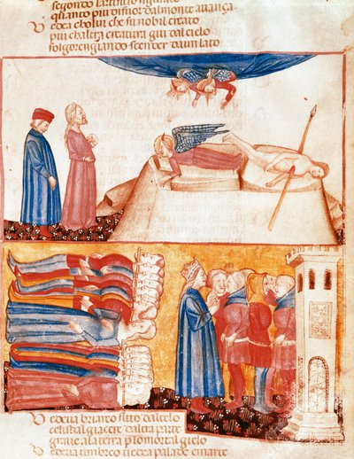 Dante a Virgil potkají duše násilně mrtvých lidí. Osvětlená stránka ilustrující píseň Antipurgatory z „Divina Commedia““ od Dante Alighieriho (1265-1321). 14. století, Benátky, Biblioteca Marciana od Unknown artist